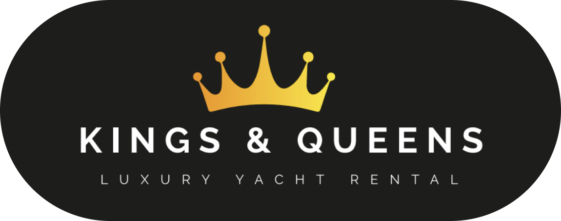 Logo for Kings & Queens Luxury Yacht Rental featuring a gold crown above the text.