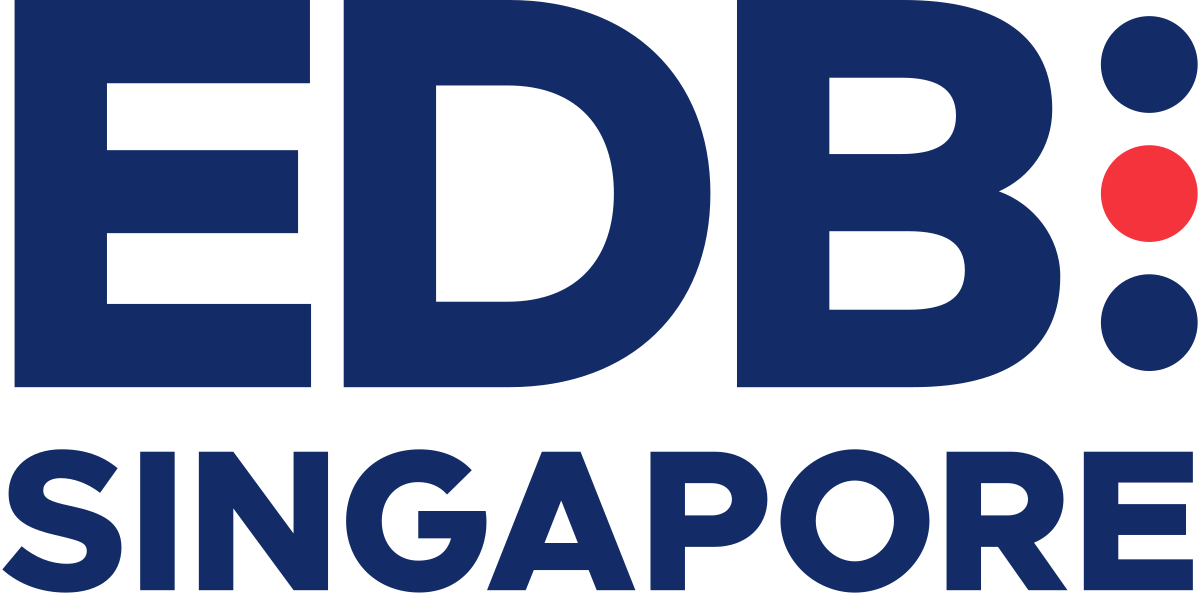 EDB Singapore logo with blue letters and red, blue, and black dots on a white background.