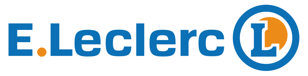 E.Leclerc logo with blue text and a circular emblem featuring a stylized orange and blue letter 'L'