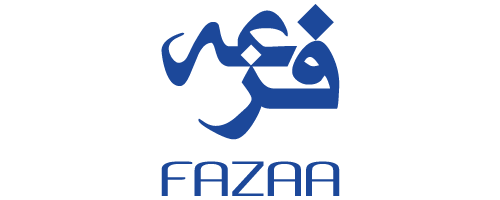 A logo with stylized Arabic calligraphy and the word "FAZAA" below it in blue.