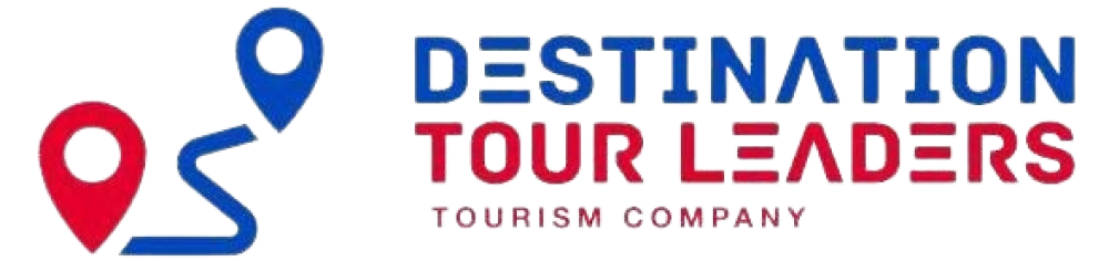 Graphic with colorful text saying 'Destination Tour Leaders' and 'Tourism Company,' alongside location pins and a stylized road.