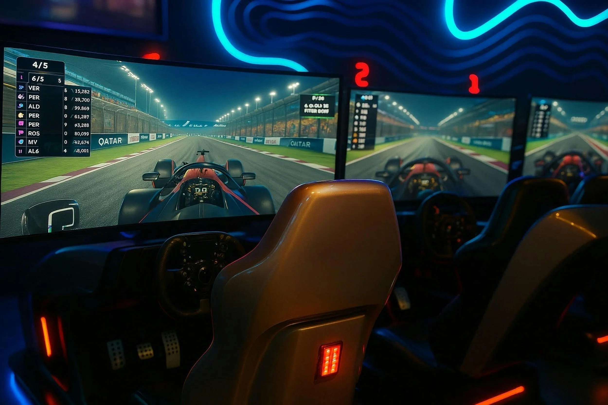 Racing simulator setup with multiple screens showing a Formula 1 track, steering wheels, and driver seats in an esports gaming environment.