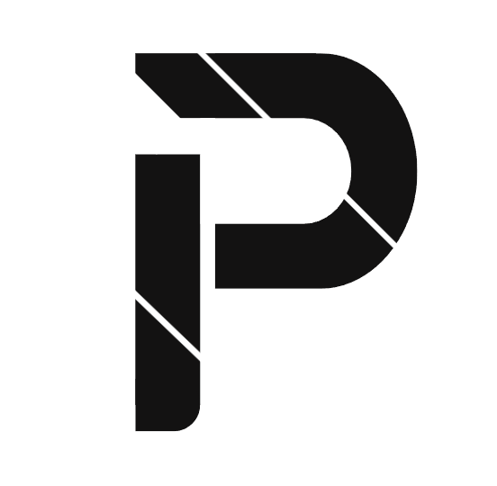 Stylized black letter 'P' with angular and segmented design on a white background.