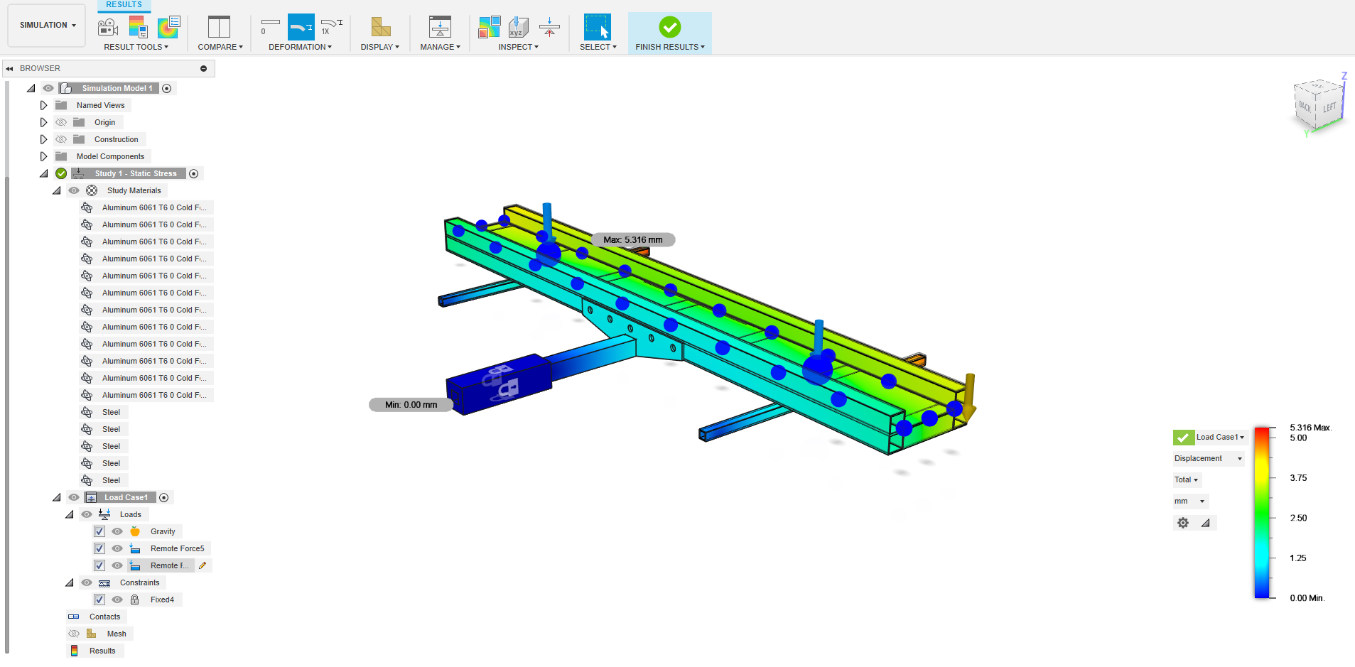Finite element analysis of a structural component showing displacement and stress distribution with color contours, maximum displacement of 5.316 mm.