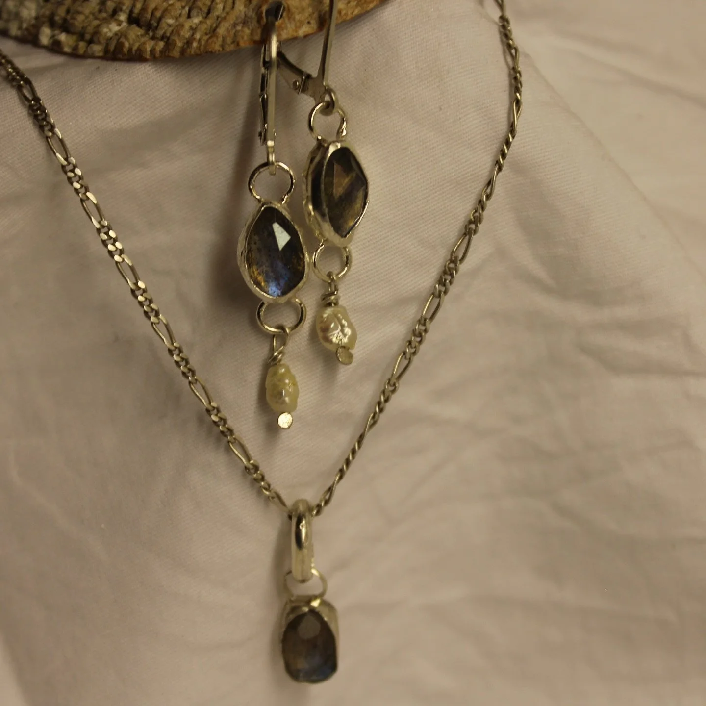 matching set of labourite &amp; pearl pieces - have a really pretty blue/brown/green shift to them #silver #pearl #labourite #jewellery #handmade