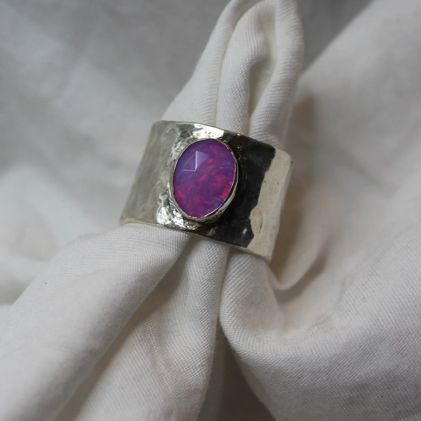 natural pink opal, bright &amp; loud with a hammered sterling silver textured band &mdash; perfect for mothers day 🌷 available at the link in bio #silver #jewellery #opal #pink #handmade