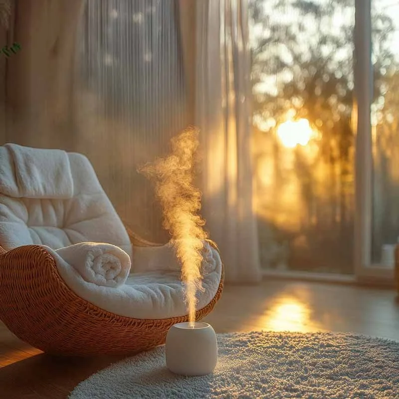 A cozy indoor space with a rattan chair with a white cushion and towel, a white diffuser emitting vapor, and sunlight streaming through large windows with white curtains.