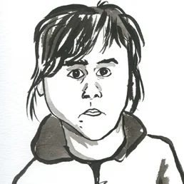 Drawing of a young person with short, dark hair and a serious expression, wearing a hoodie.