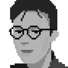 Pixelated black-and-white portrait of a person with glasses and short dark hair