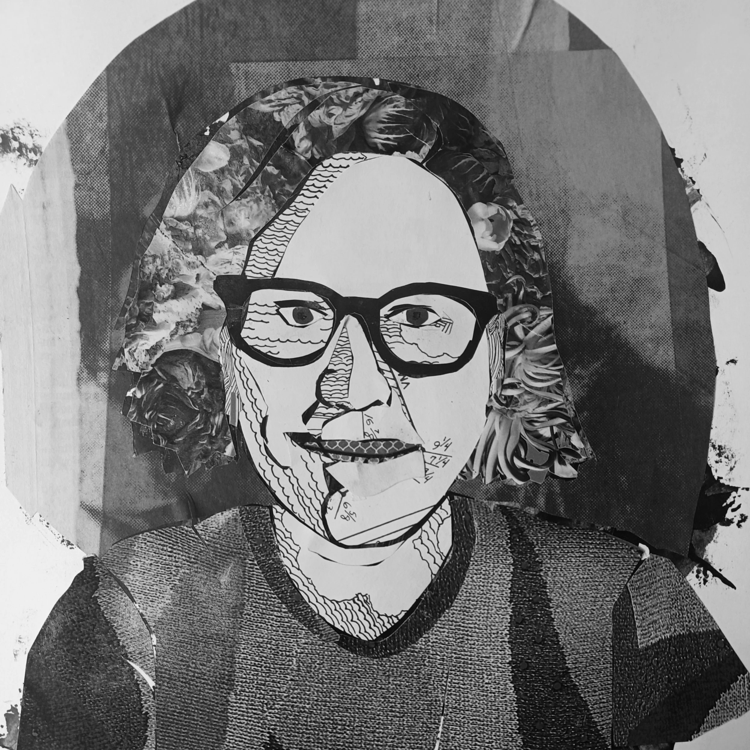 Black and white collage portrait of a person with glasses, short hair, wearing a sweater, created from paper cutouts and various textures.