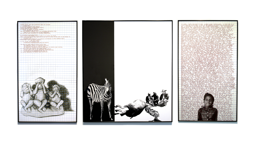 Adrian Piper, Decide Who You Are #1: Skinned Alive, 1992. Three screen printed images and text on paper, mounted on foam core. 72" × 42" (182,8 cm × 106,7 cm); 72" × 63" (182,8 cm × 160 cm); 72" × 42" (182,8 cm × 106,7 cm). Photograph photo credit: …