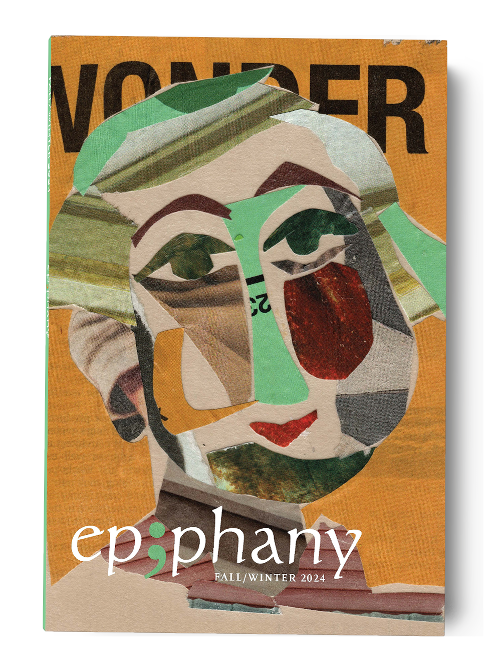 Cover of Issue 33 of Epiphany magazine. Collage-style poster featuring a stylized face made from torn paper pieces with bold makeup and hair, set against an orange background.