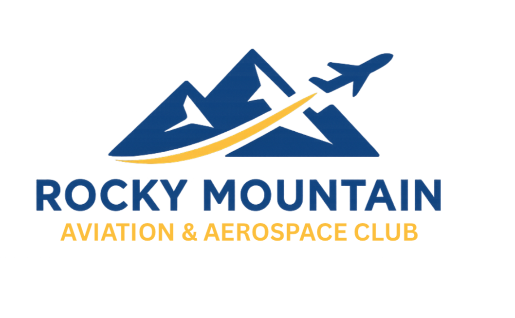 Logo of Rocky Mountain Aviation & Aerospace Club featuring mountains, an airplane, and the club name in bold and colored text.