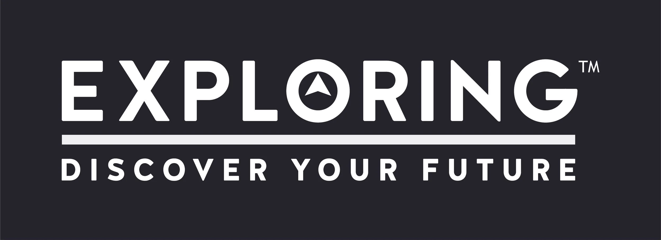 Exploring logo with slogan 'Discover Your Future' on a black background.