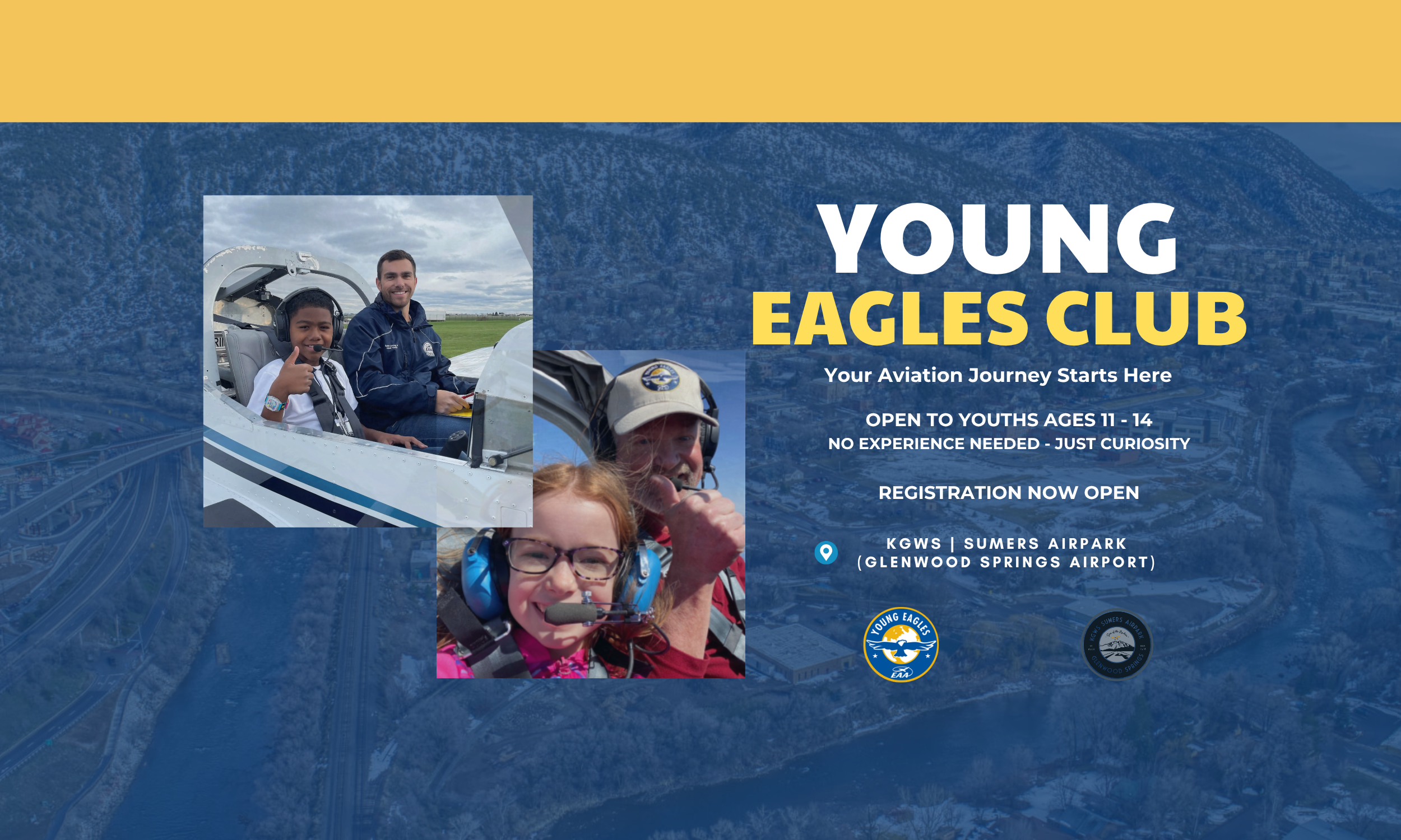 Flyer for Young Eagles Club aviation program showing children and adults in a cockpit, with a logo of a bird and airplane. Details include the location at Glenwood Springs Airport and info about free introductory flights for youth aged 11-14.