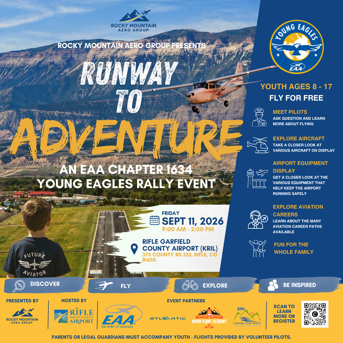 Flyer for 'Runway to Adventure,' an event hosted by Rocky Mountain Aero Group at Rifle Garfield County Airport, scheduled for September 11, 2026, from 9:00 AM to 2:00 PM, targeting youth aged 8 to 17, featuring aircraft displays, pilot meet and greets, aviation careers, and family fun.