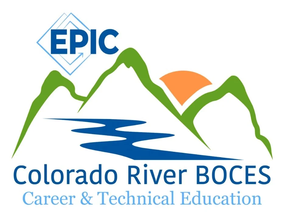 A logo for Colorado River BOCES featuring mountains, a river, a setting sun, and text indicating career and technical education in Colorado.