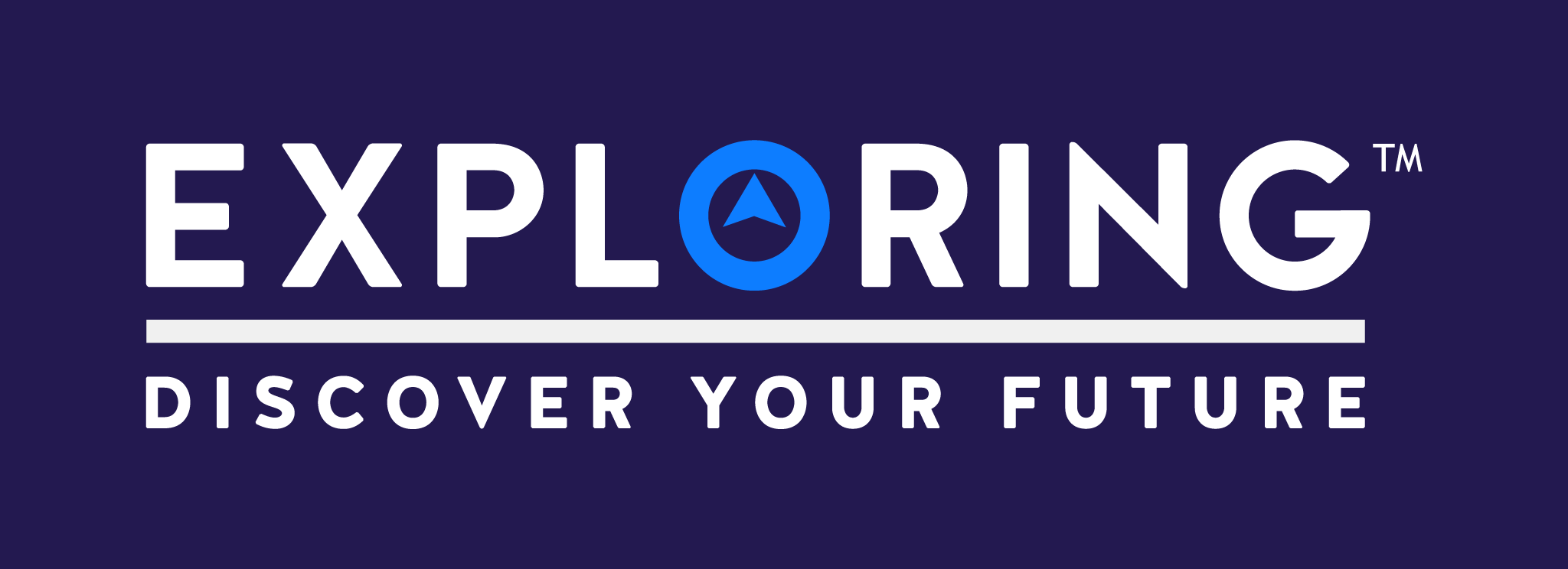Logo with the text 'Exploring' featuring a blue compass icon replacing the letter 'O', and the phrase 'Discover Your Future' underneath on a dark blue background.
