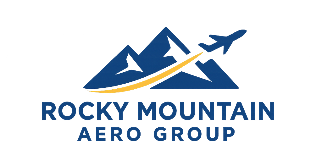 Logo for Rocky Mountain Aero Group featuring stylized mountains, an airplane, and a swoosh.