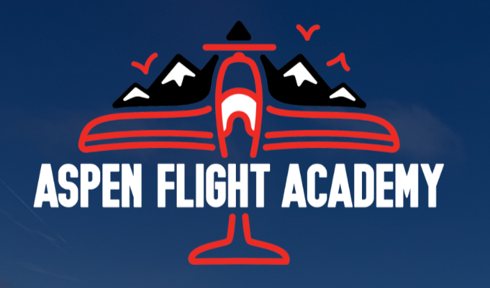 Logo for Aspen Flight Academy featuring a stylized airplane and mountain graphics with birds, and the text 'Aspen Flight Academy' in bold white letters.