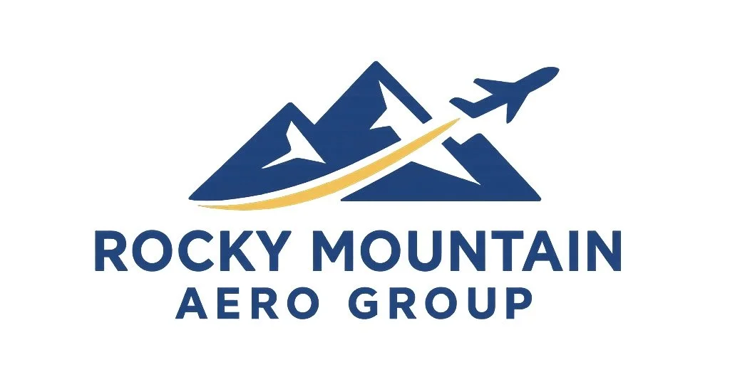 Logo for Rocky Mountain Aero Group featuring a stylized mountain range, an airplane silhouette, and the company name.
