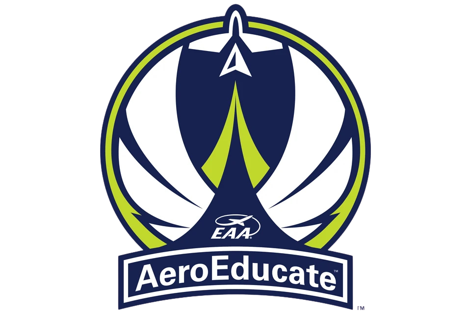 Logo of AeroEducate, an aviation education program by EAA, featuring a stylized airplane and wings in blue, green, and white colors.