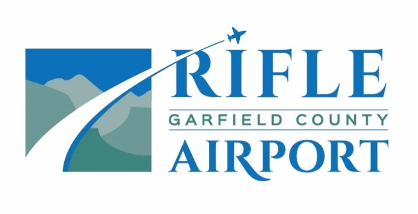 Logo for Rifle Garfield County Airport featuring a mountain range, an airplane, and the airport name in blue and green text.