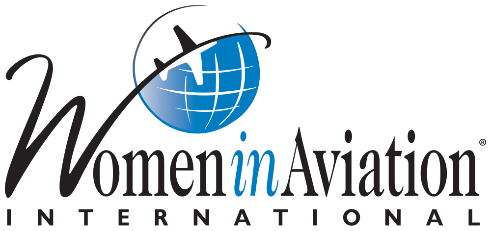 Logo of Women in Aviation International featuring a stylized airplane and a globe.