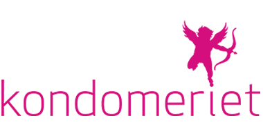 Kondomeriet logo featuring a pink cupid with a bow and arrow, and pink text reading 'kondomeriet'.