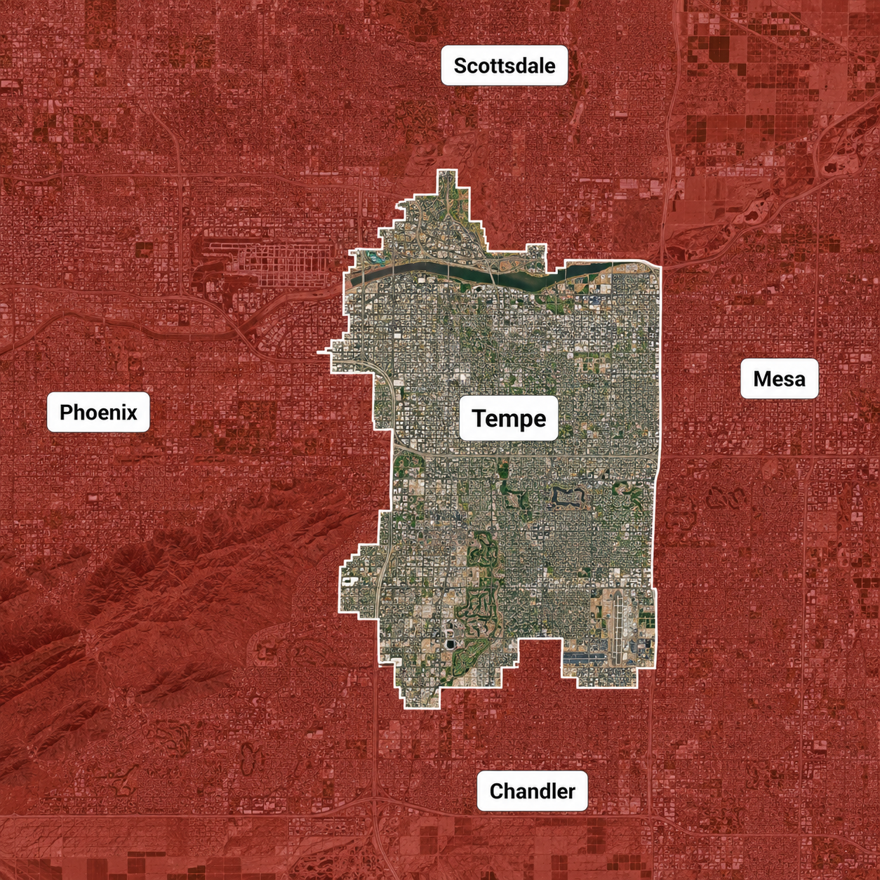 Map showing the city of Tempe, Arizona, with surrounding areas labeled Phoenix, Scottsdale, Mesa, and Chandler. Tempe is outlined in white, with a detailed street and green space map, while neighboring areas are shown in red.