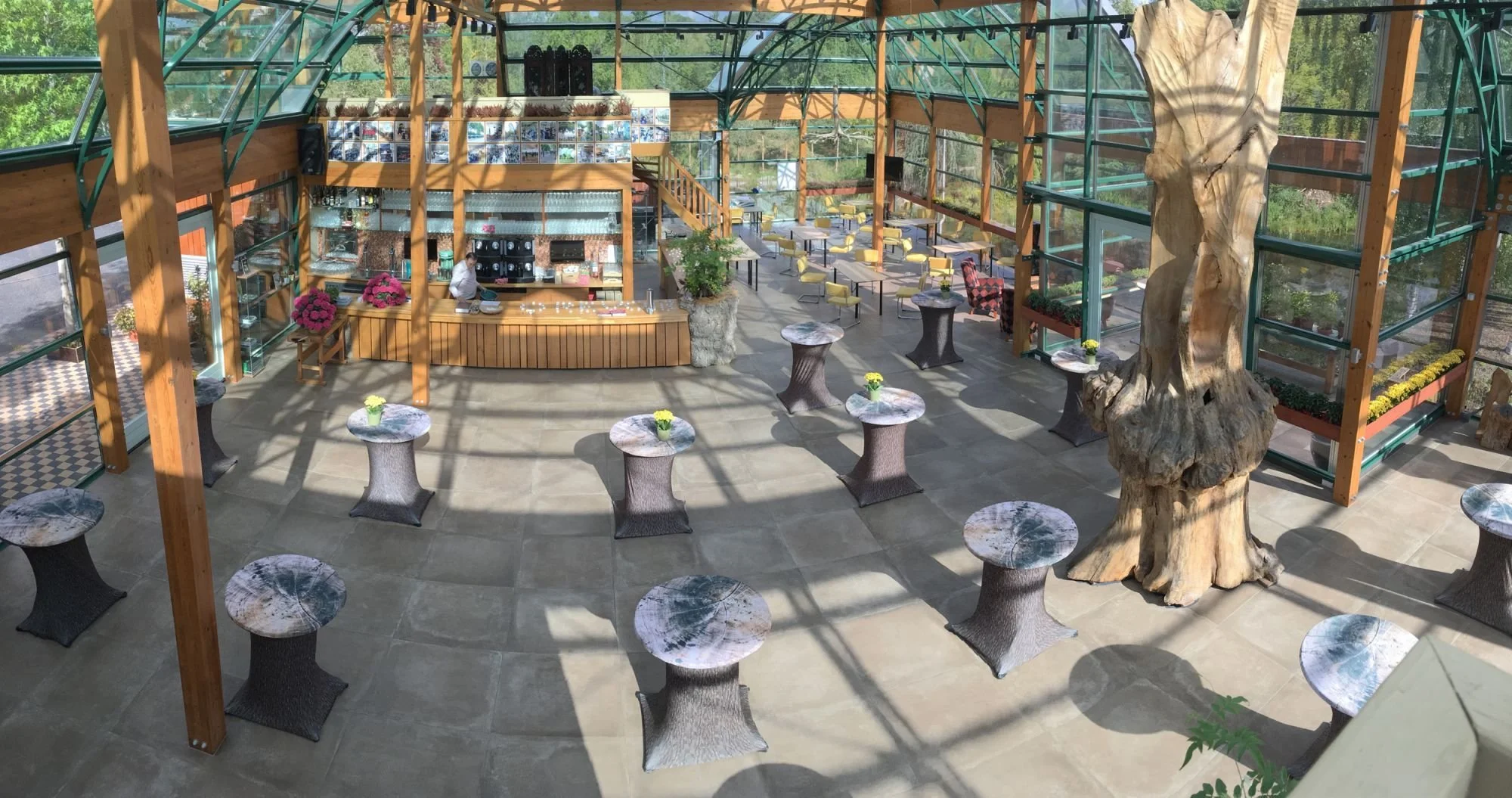 Interieur van een restaurant of café in kasstijl met een bar aan de achterkant, meerdere hoge tafels met marmeren bladen en bloemstukken, en een grote gebeeldhouwde boomstam die in de structuur is geïntegreerd. Grote glazen ramen werpen schaduwen op