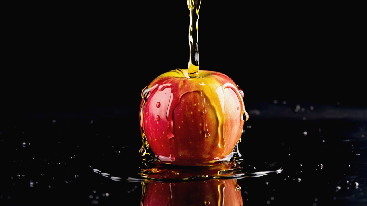 Una mela rossa con gocce di aceto che scendono da sopra, sullo sfondo nero.