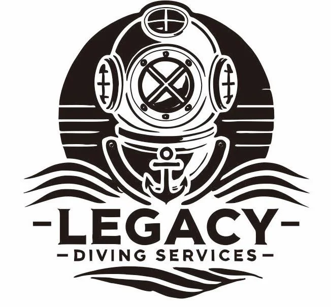 A black and white logo of a vintage diving helmet with an anchor, waves, and the text "Legacy Diving Services."