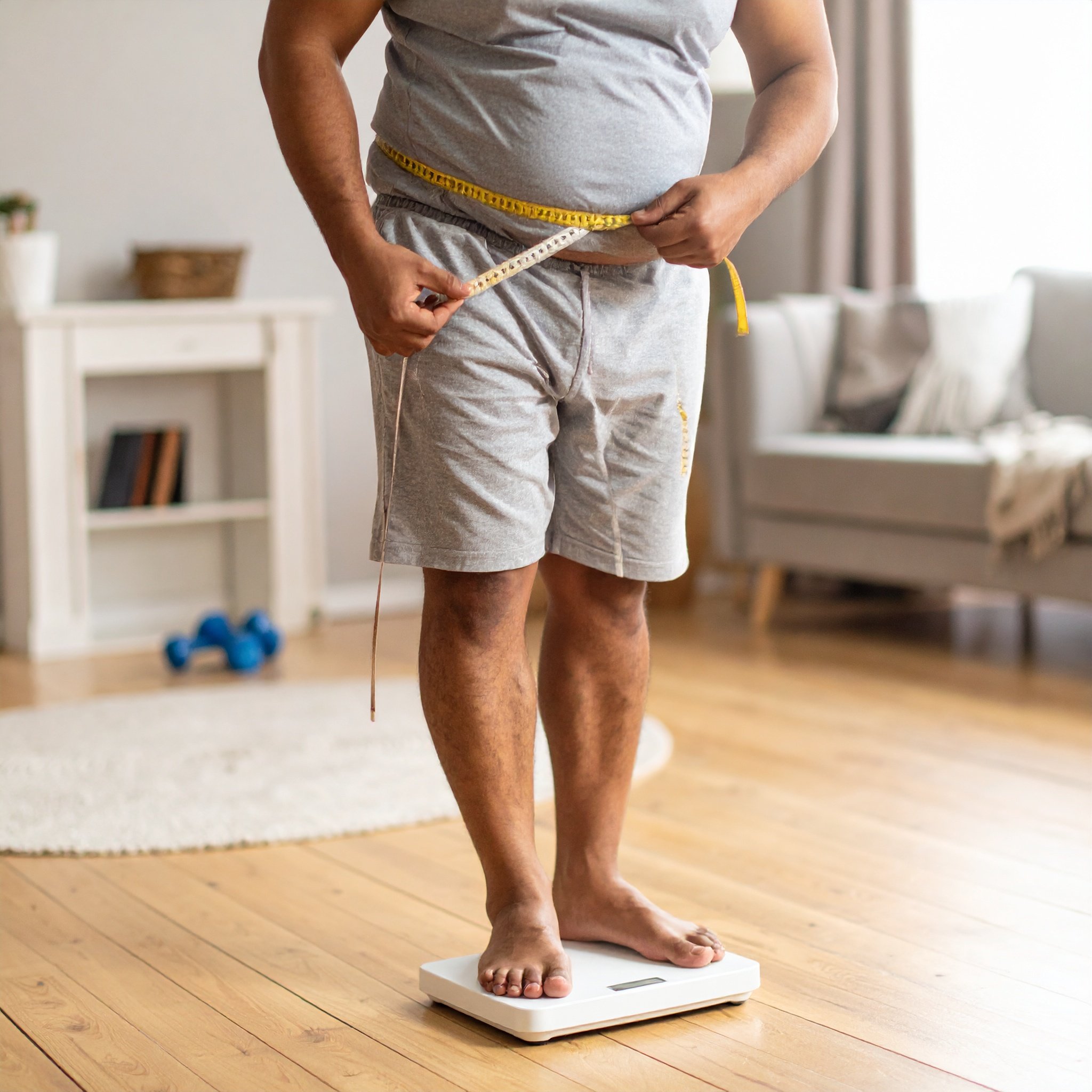 A person weighing themselves on a scale while measuring their waist.