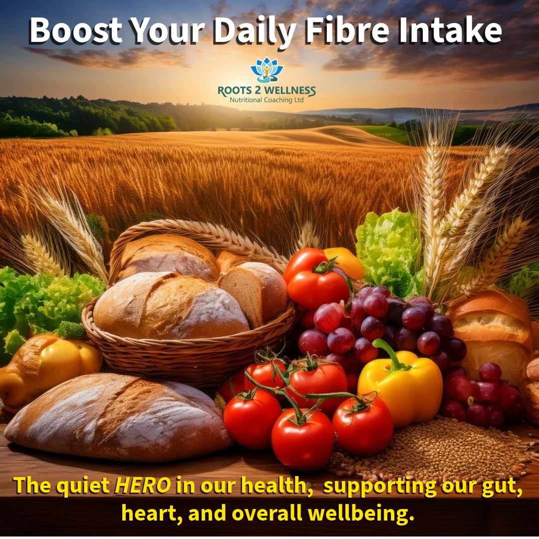 Basket of bread surrounded by vegetables showing sources of fibre in a wheat field and two captions reading "Boost your daily fibre intake" and "The quiet hero in our health, supporting our gut, heart, and overall wellbeing.