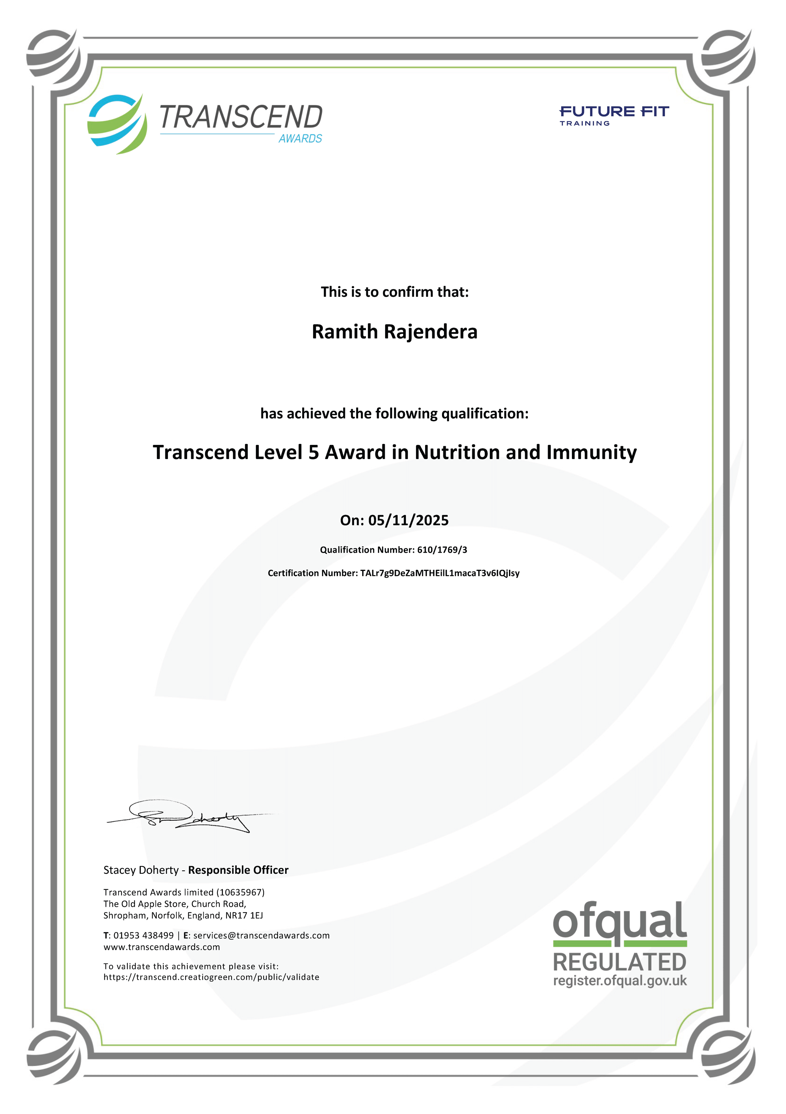 Ofqual Transcend Level 5 Award in Nutrition and Immunity