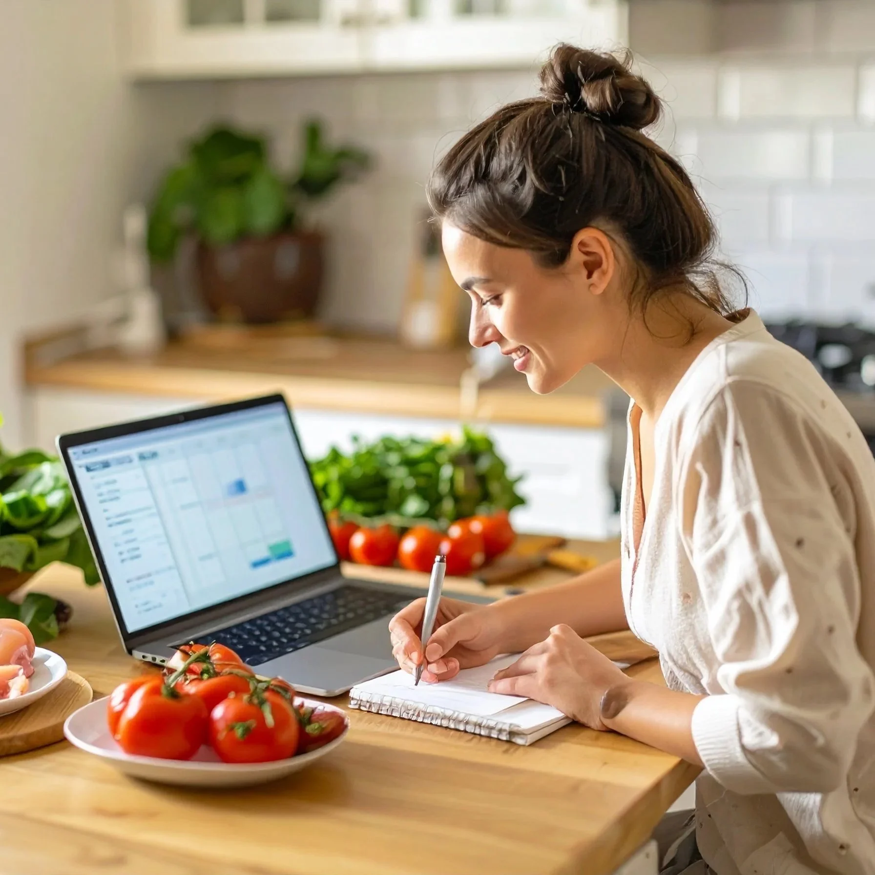 A  person sitting at a cozy kitchen counter, making notes with laptop open.