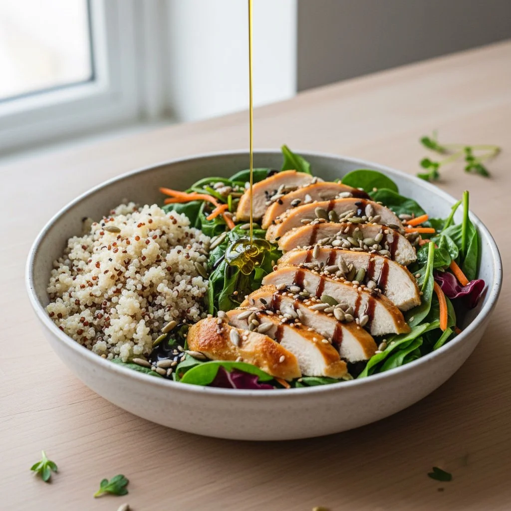 A high protein meal with quinoa and grilled chicken breast on a bed of salad