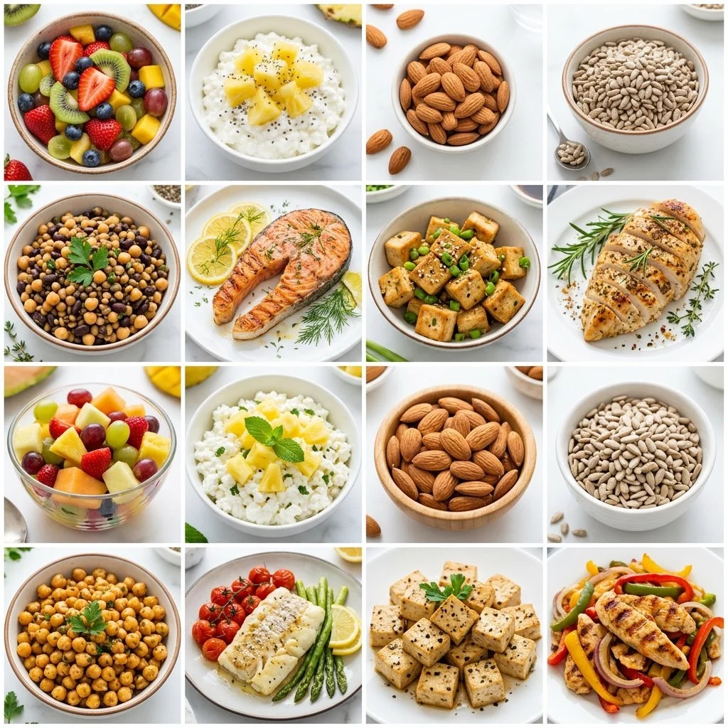A Collage of health snacks and meals including, legumes, tofu, nuts, seeds, fish and cottage cheese.