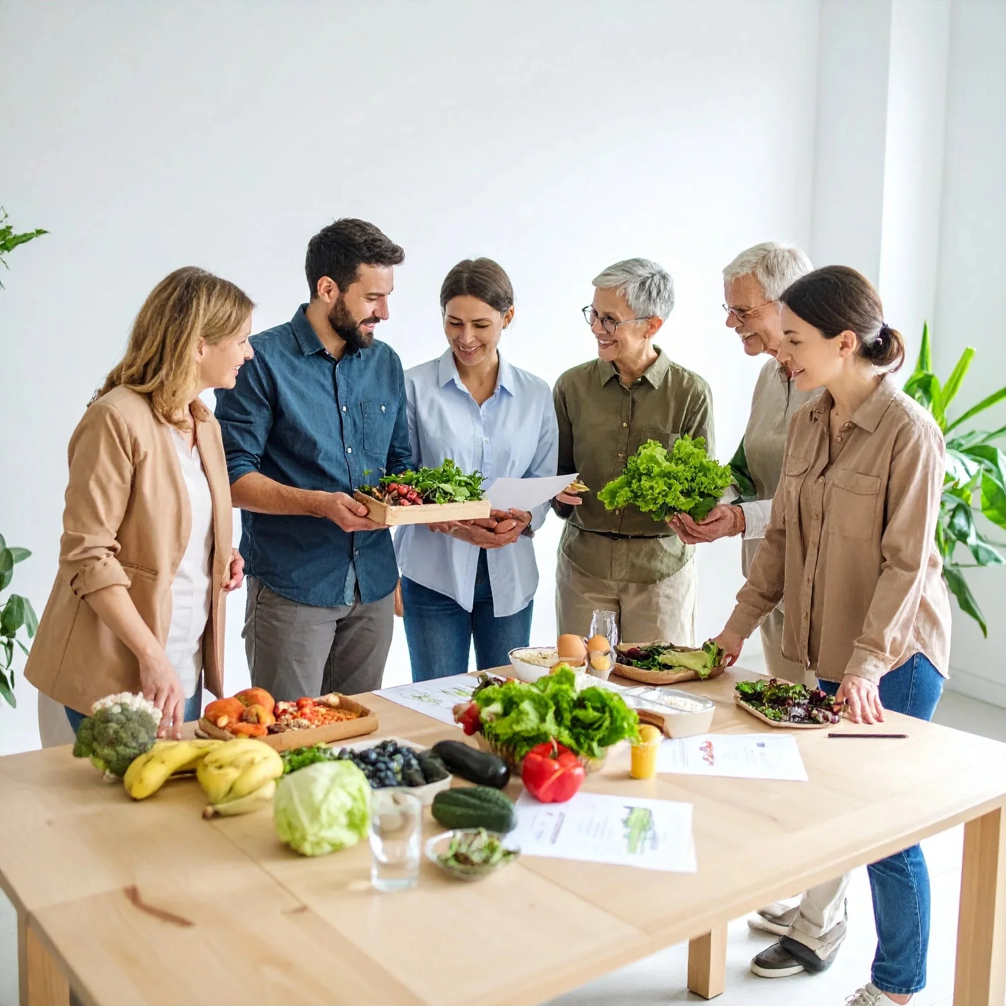 A group of employees discussing nutrition around a table with colourful food.