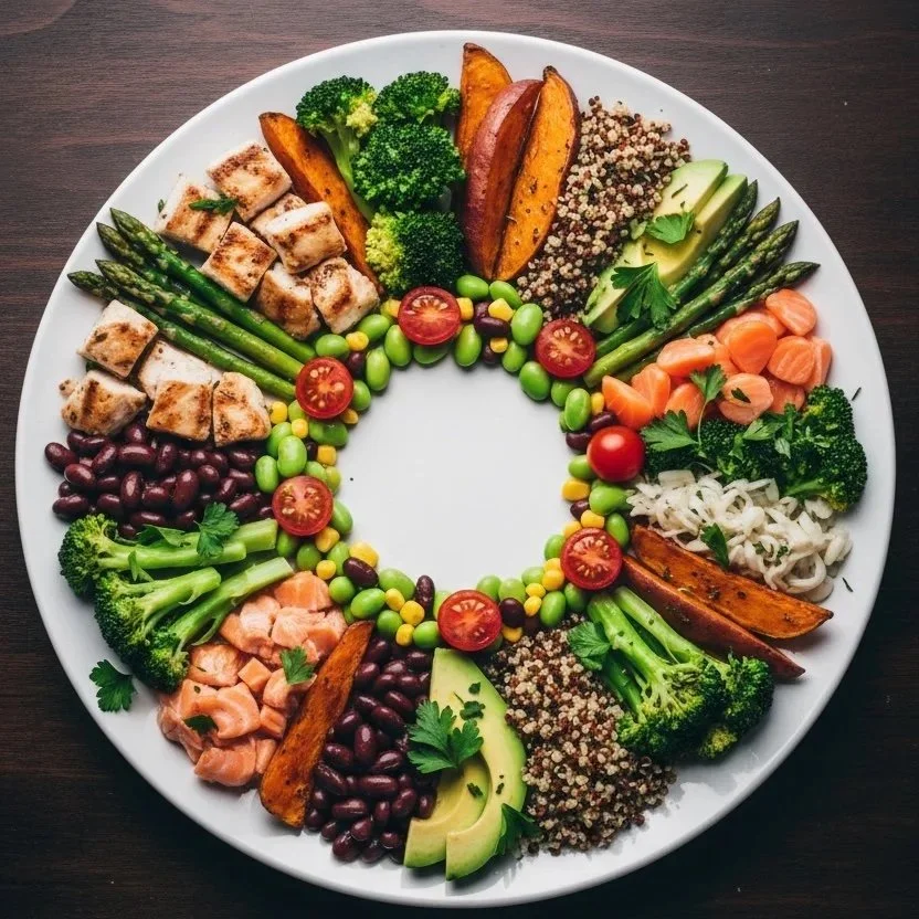 A plate with a colourful arrangement of healthy foods