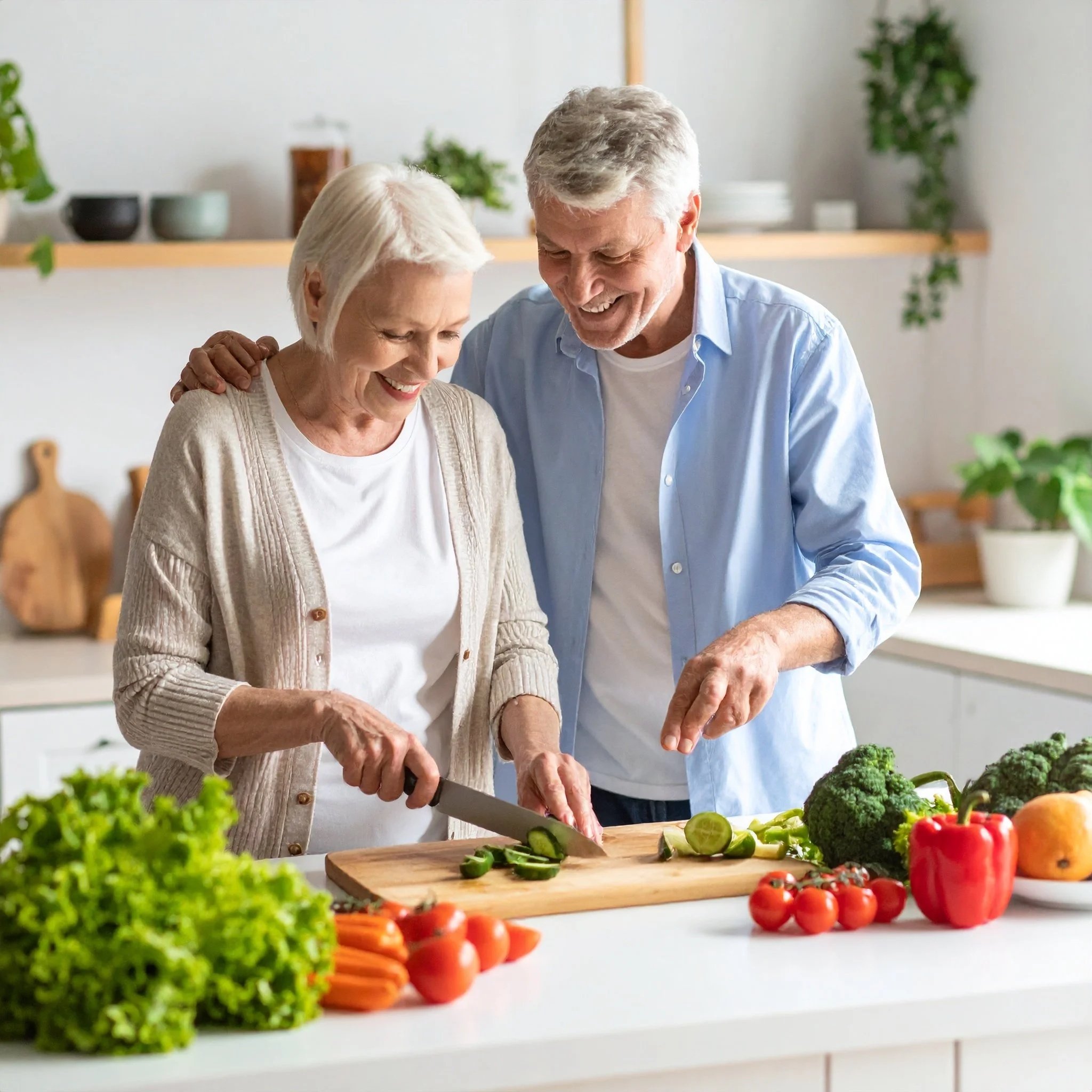 A couple over 65 years age enjoying preparing a healthy meal together.