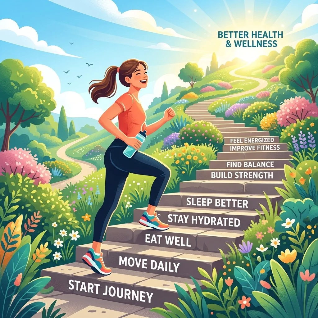 An inspirational, bright illustration of a person climbing a set of steps outdoors, each step symbolizing progress towards better health and wellness..