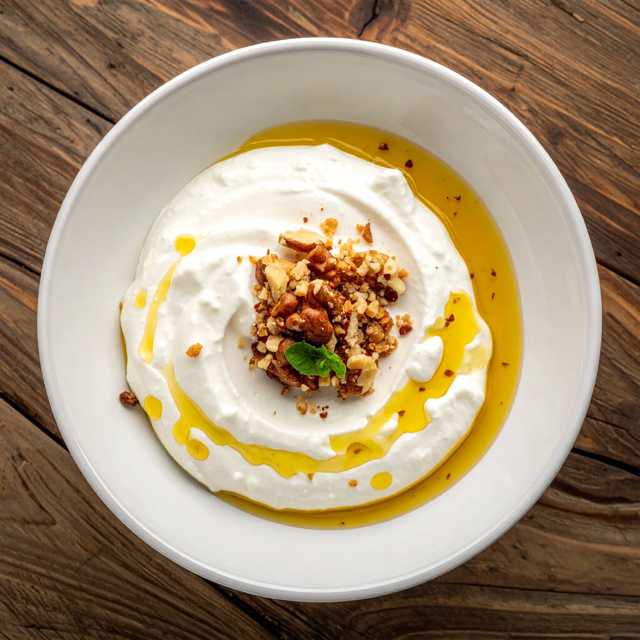 A bowl of Greek yogurt with chopped pecan nuts and a drizzle of honey.