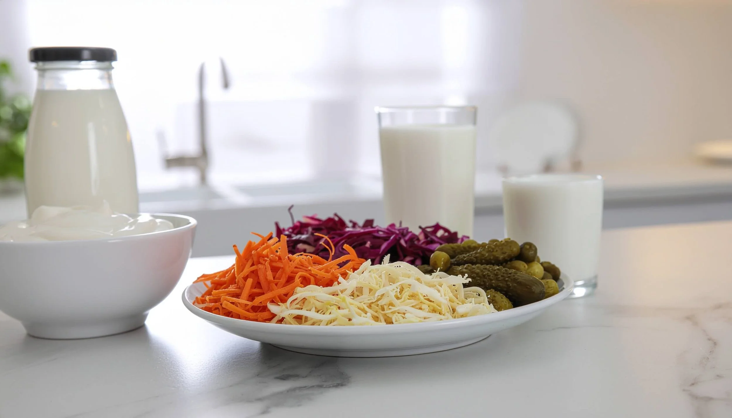 Probiotic foods including yogurt and fermented vegetables that support gut health and immunity