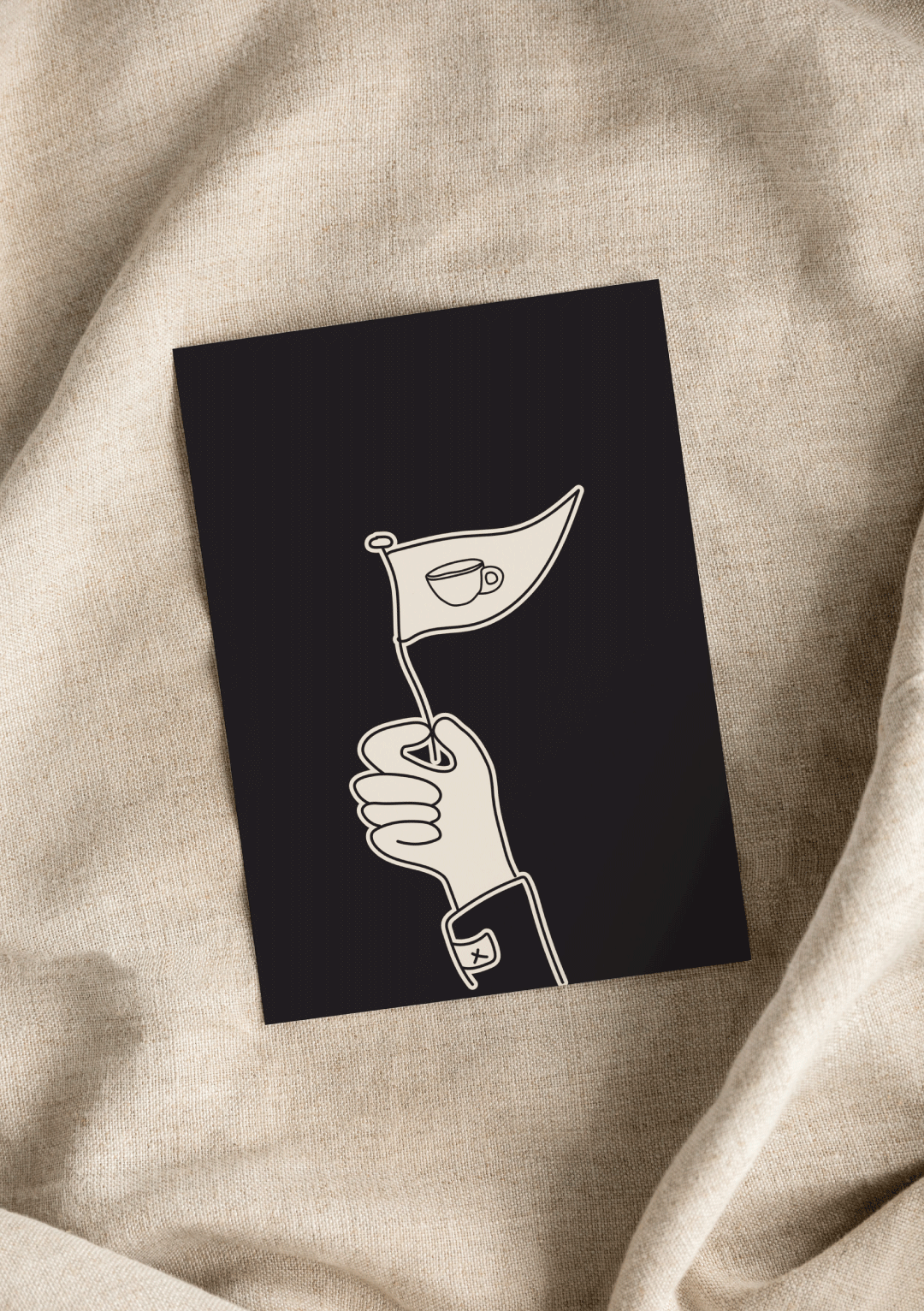 Brand illustration – hand holding a flag with a coffee cup on it