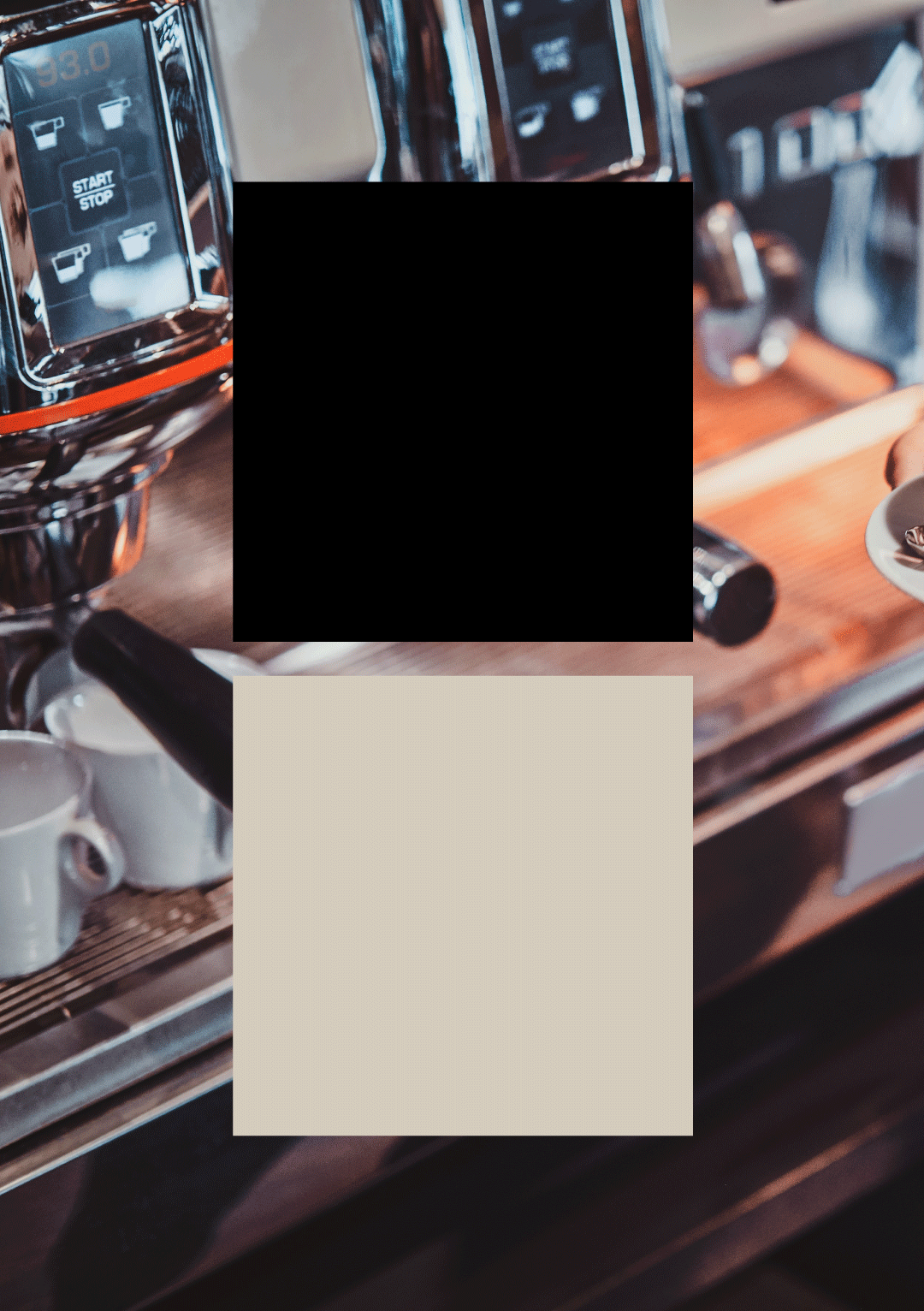 brand colours, laid over a close up image of a coffee machine