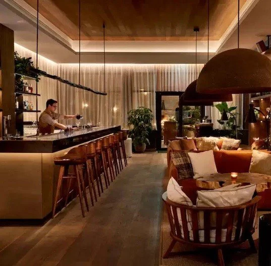 A cozy and modern bar area with a long counter and wooden bar stools, a bartender preparing drinks, framed by warm lighting, large plants, and comfortable seating with cushions.