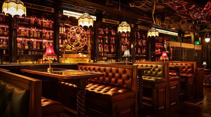 A cozy, vintage-style bar with leather booths, dim lighting, decorative lamps, and shelves of liquor bottles in the background.