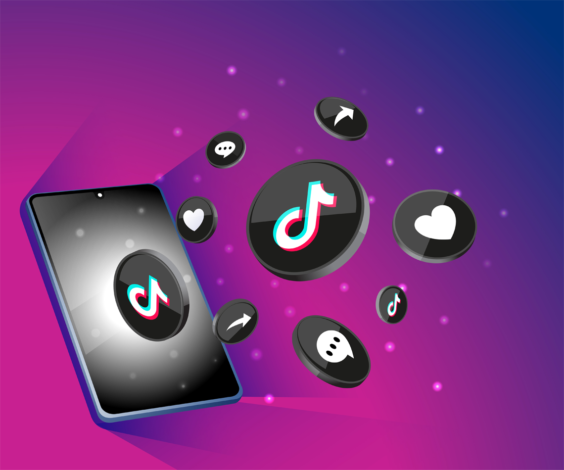 Digital smartphone with TikTok logo and floating social media icons including hearts, speech bubbles, arrows, and chat symbols, on a purple and blue gradient background.